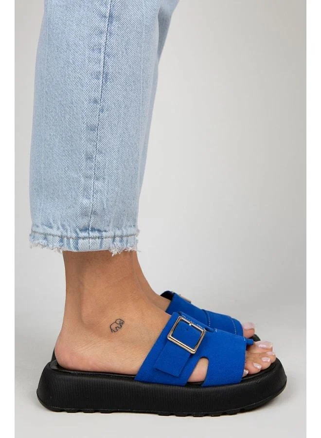 Begonia Women's Genuine Leather Buckle Blue Slipper.