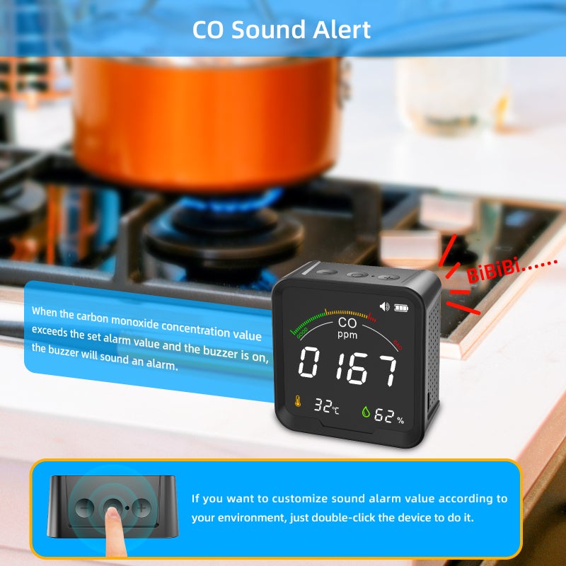 Portable Air Quality Monitor: Black Gray 3 In 1 High Accuracy - Quick Heat Dissipation CO Detector for Home Office School Warehouse Agricultural Planting - Image 3
