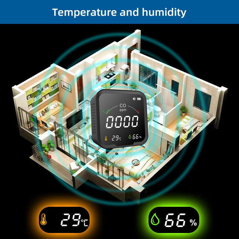 Portable Air Quality Monitor: Black Gray 3 In 1 High Accuracy - Quick Heat Dissipation CO Detector for Home Office School Warehouse Agricultural Planting - Image 5