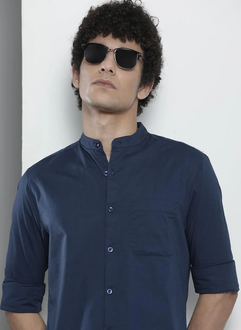 The Indian Garage Co Men Regular Fit Solid Full Sleeves Mandarin Collar Casual Shirt
