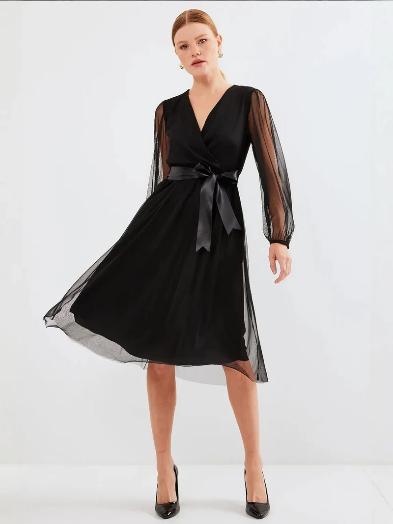 BIG DART BDART Midi Tulle Dress with Bow and V-Neck