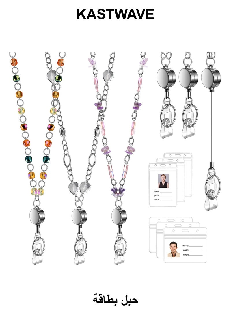 KASTWAVE Retractable Badge Reel Lanyard with ID Holder, 3 Pcs Beaded Lanyards Stainless Steel ID Badge Necklace Set, Waterproof Name Badge Holder Clip for Office Women Men (Fashion Jeweled) - Image 1
