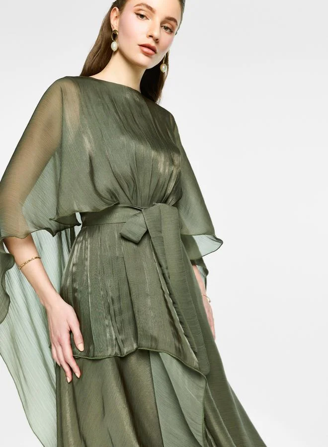هاوس اوف مودا House of Moda Organza Cape Sleeve Waist Tie-Up Maxi Dress