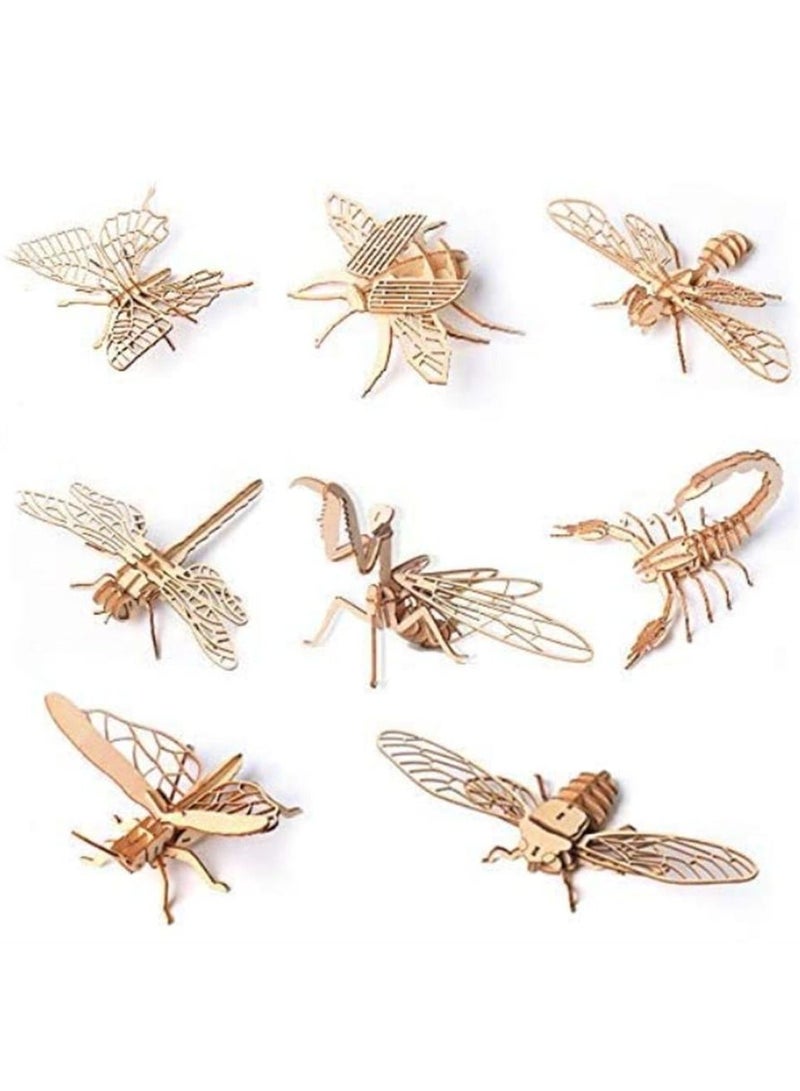 مجموعة ألغاز حشرات خشبية ثلاثية الأبعاد 8 قطع نموذج تجميع هيكل حيواني حرف يدوية هدايا للأطفال والبالغين والمراهقين الأولاد والبنات - Image 1