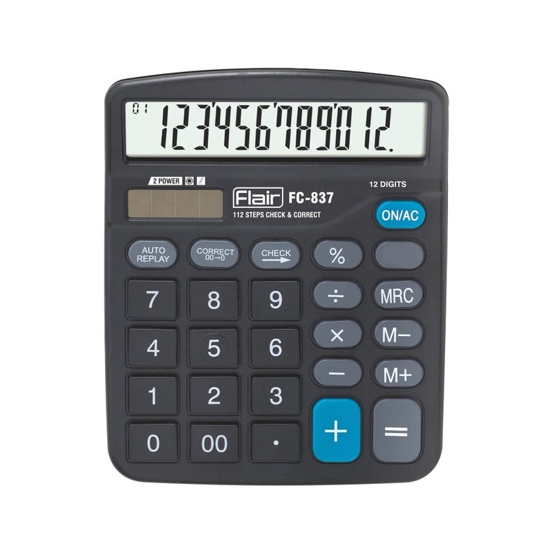 Flair FC-837 Desktop Series Calculator | 12 Digits Calculator | Dual Power with Solar | Auto Replay with Big Display | Square Root Function | Ideal for School, College & Office | Black, Pack of 1 - Image 4