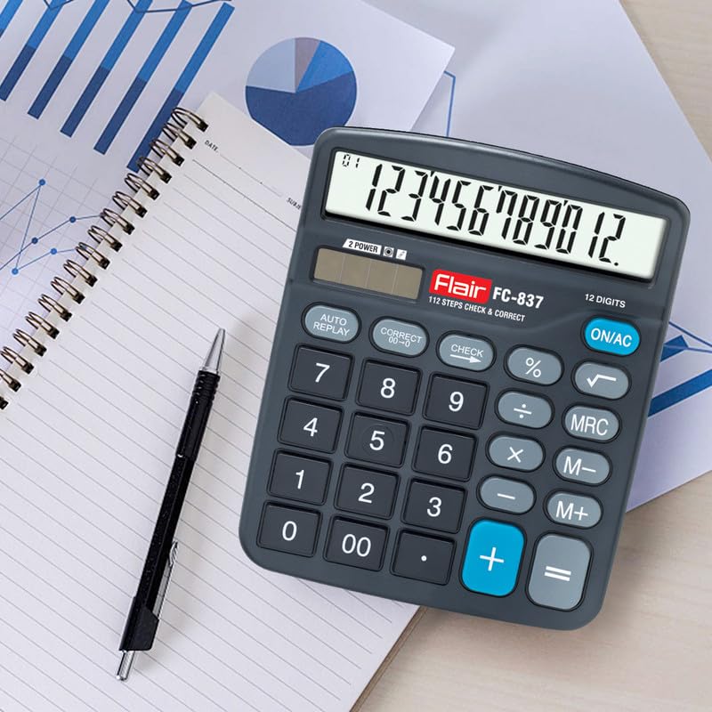 Flair FC-837 Desktop Series Calculator | 12 Digits Calculator | Dual Power with Solar | Auto Replay with Big Display | Square Root Function | Ideal for School, College & Office | Black, Pack of 1 - Image 2