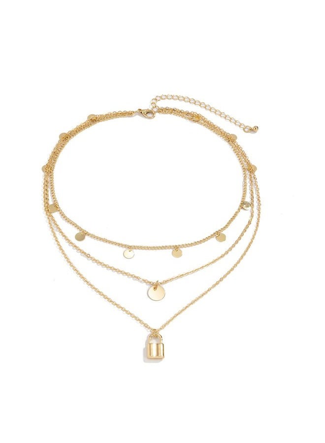 JWICOS Gold Multi Layered Boho Bohemian Style Chain Necklace Dainty Initial Disc Round and Lock Pendant for Women and Girls (Gold)  - Image 3