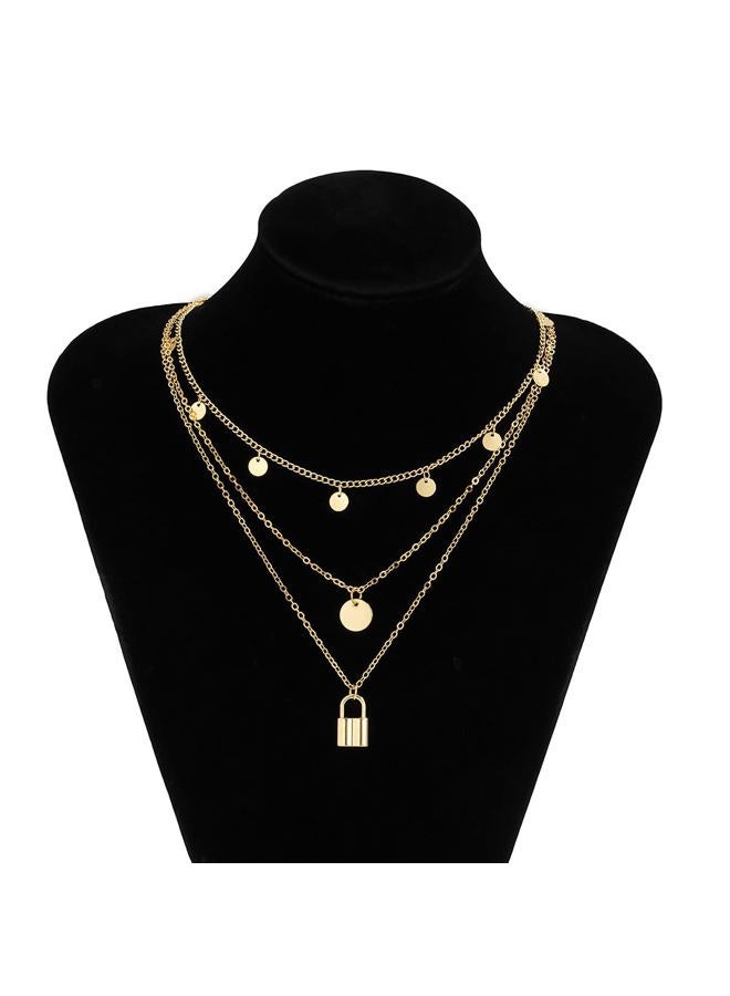 JWICOS Gold Multi Layered Boho Bohemian Style Chain Necklace Dainty Initial Disc Round and Lock Pendant for Women and Girls (Gold)  - Image 4