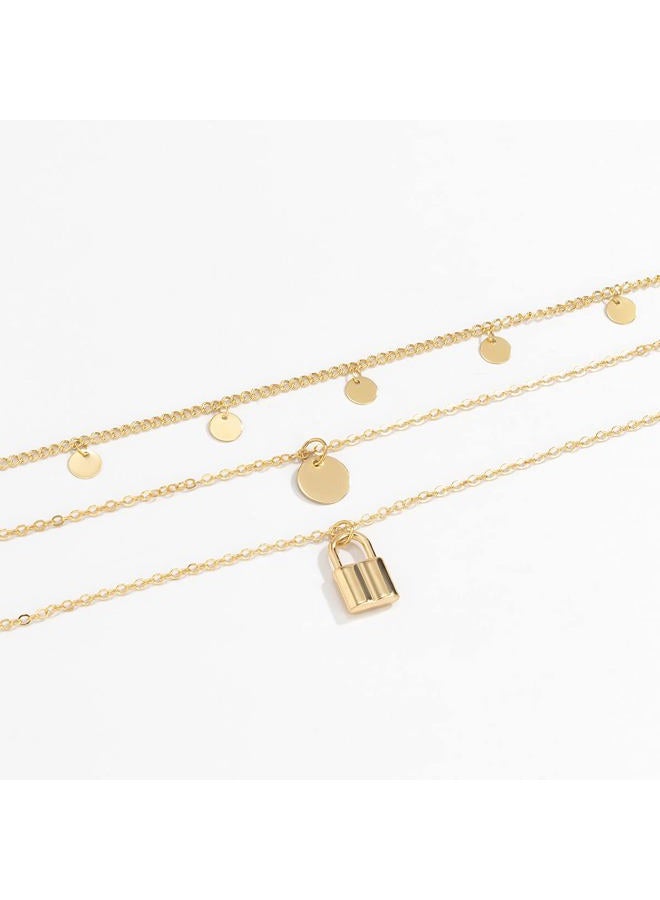 JWICOS Gold Multi Layered Boho Bohemian Style Chain Necklace Dainty Initial Disc Round and Lock Pendant for Women and Girls (Gold)  - Image 2