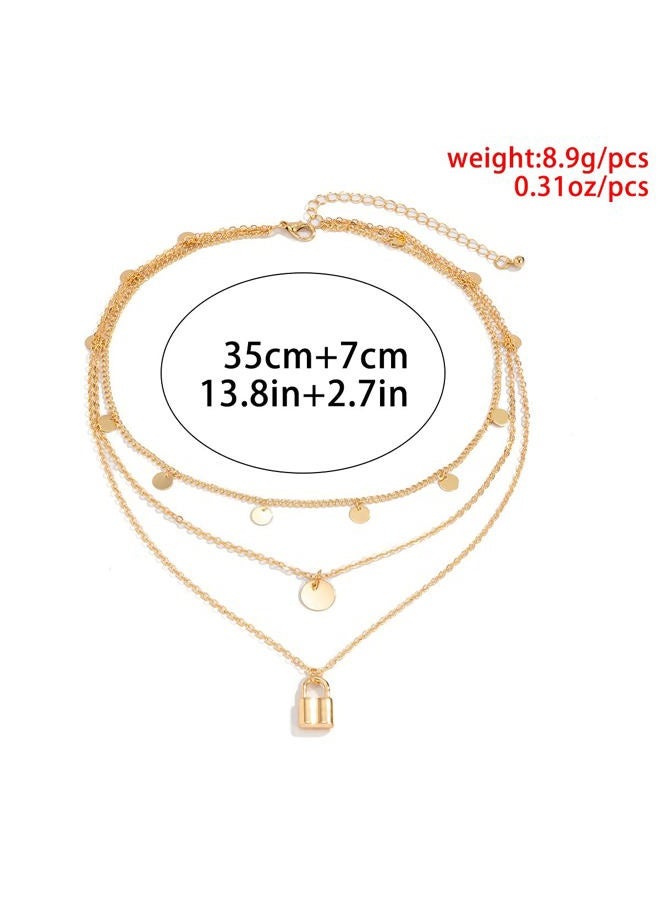 JWICOS Gold Multi Layered Boho Bohemian Style Chain Necklace Dainty Initial Disc Round and Lock Pendant for Women and Girls (Gold)  - Image 5