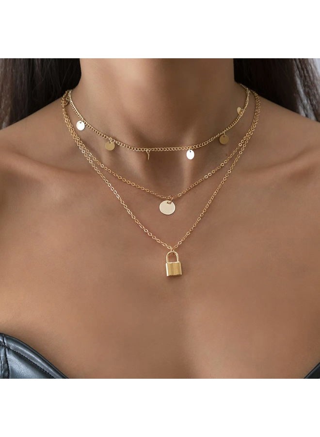 JWICOS Gold Multi Layered Boho Bohemian Style Chain Necklace Dainty Initial Disc Round and Lock Pendant for Women and Girls (Gold)  - Image 1