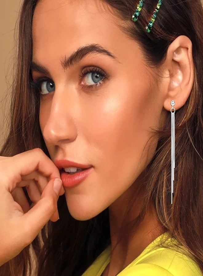 ALEXCRAFT أقراط فضة استرلينية 925 للنساء مع خيوط متدلية وأقراط متدلية طويلة متلألئة وسلسلة متدلية كريستالية أنيقة ورقيقة للأعراس - Image 2