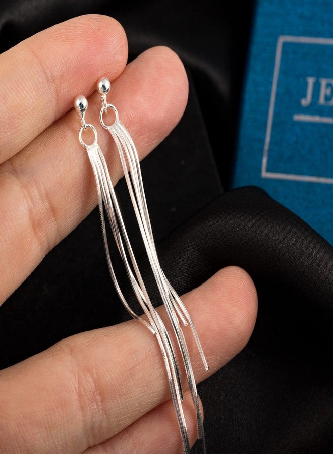 ALEXCRAFT أقراط فضة استرلينية 925 للنساء مع خيوط متدلية وأقراط متدلية طويلة متلألئة وسلسلة متدلية كريستالية أنيقة ورقيقة للأعراس - Image 4