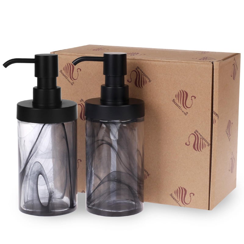 Suanti 2 Pcs Lotion Dispenser,12.5 Oz Black Moire Wide Open Glass Hand Soap Dispenser for Bathroom & Kitchen, Dish Soap Dispenser with Easy-to-Press Pump and Waterproof Labels - Image 5