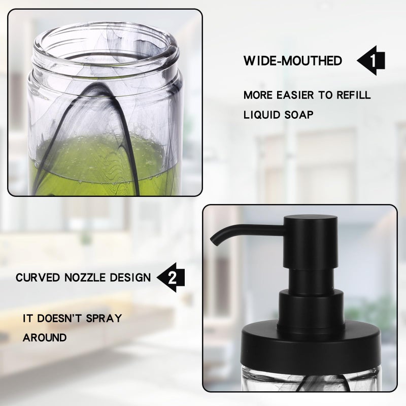 Suanti 2 Pcs Lotion Dispenser,12.5 Oz Black Moire Wide Open Glass Hand Soap Dispenser for Bathroom & Kitchen, Dish Soap Dispenser with Easy-to-Press Pump and Waterproof Labels - Image 2