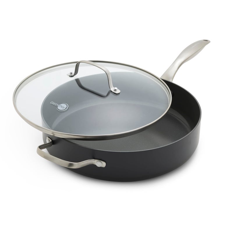 Greenpan GreenPan Canterbury 5QT Saut Pan with Lid Hard Anodized Healthy Ceramic Nonstick NonToxic PFAS  PFOAFree Stainless Steel Handle Metal Utensil Safe Dishwasher Safe Oven Safe Black 