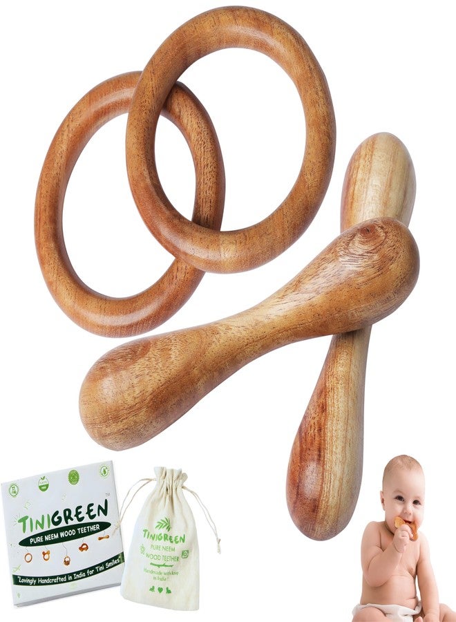 TINIGREEN Two Ring Two Dumbbell Shaped Organic Neem Wood Teether Combo for Baby (Pack of 4) - Image 1