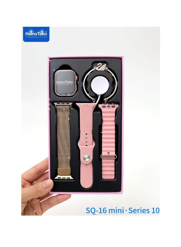 Haino Teko HainoTeko Smart Watch SQ-16 Mini Series 10 AMOLED Display Smart Watch With an elegant charm Bracelet 3 Pair Straps and Charging Cable Designed for ladies (GOLD) - Image 2