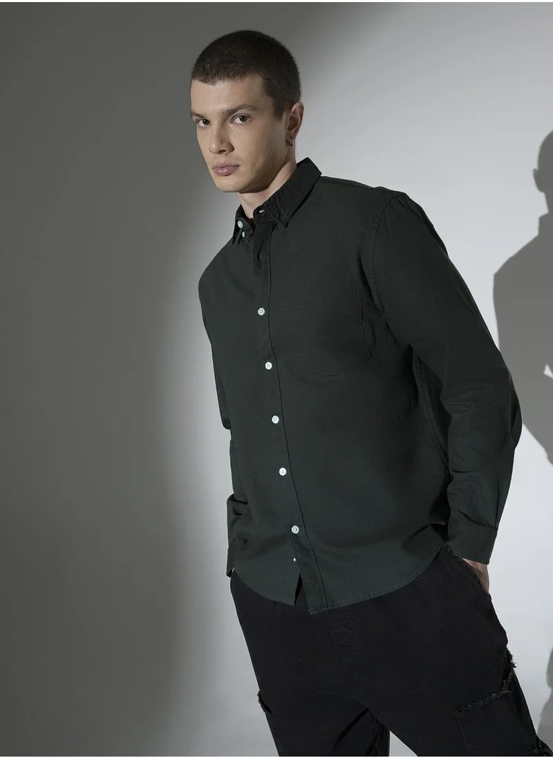 هوبرهولمي Baggy Dark Green Casual Shirt for Men