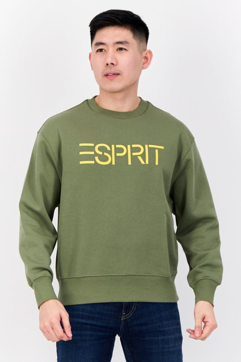 ESPRIT سويت شيرتات بأكمام طويلة للرجال بياقة دائرية، بشعار العلامة التجارية، زيتوني - Image 1