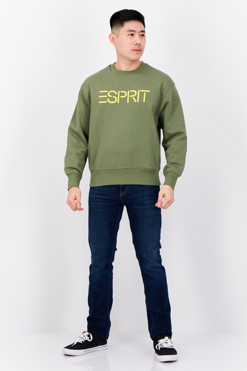 ESPRIT سويت شيرتات بأكمام طويلة للرجال بياقة دائرية، بشعار العلامة التجارية، زيتوني - Image 3