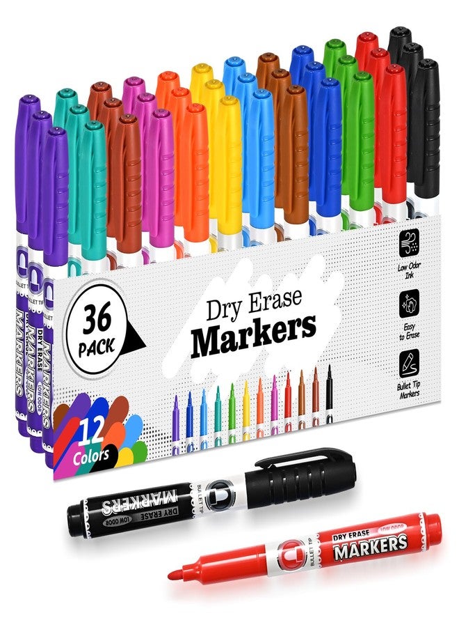 SUQJOY Dry Erase Markers, Fine Tip Whiteboard Marker, Low Odor Dry Markers with Pen Clip, Fine Point Maker, 36 pack 12 Assorted Colors Markers for Students/Teachers - Image 1