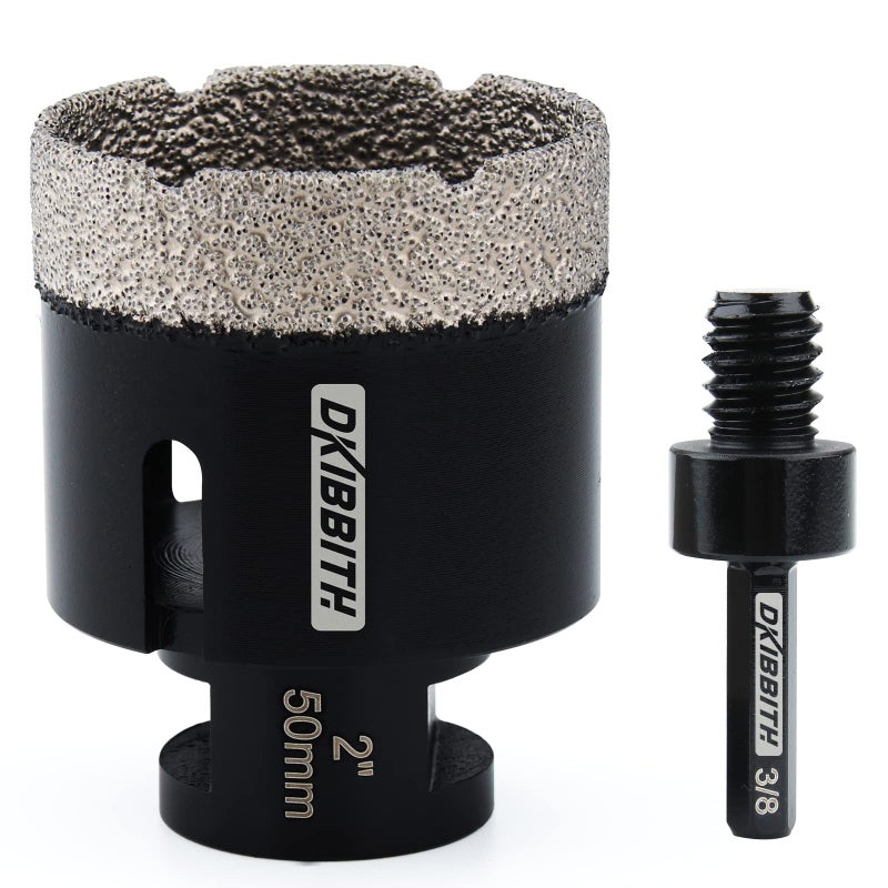 DKIBBITH Dry Diamond Core Drill Bits 2 Inch Tile 50mm Vacuum Brazed Angle Grinder Hole Saw for Porcelain Ceramic Granite Brick Concrete with 5811 Thread to 38 Hex Shank Adapter Black