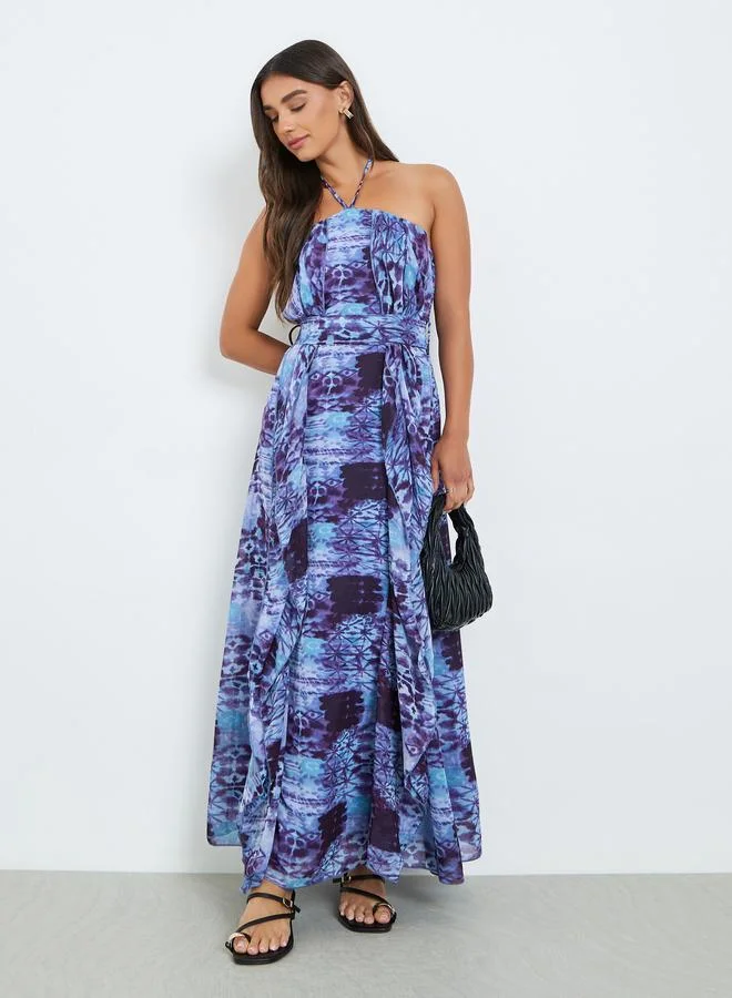 Women Blue Printed Sleeveless A-Line Maxi Dress
