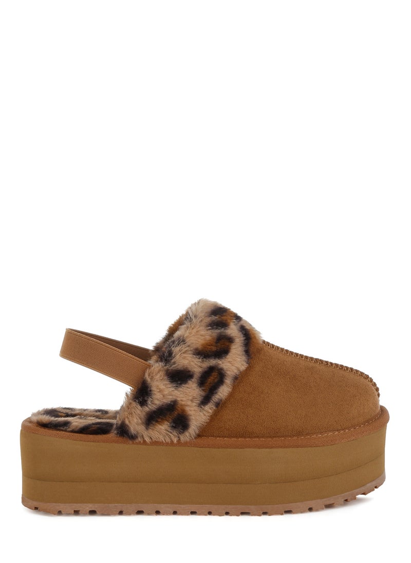 London Rag Leopard Faux Fur Platform Classic Slingback in Tan  - Image 1