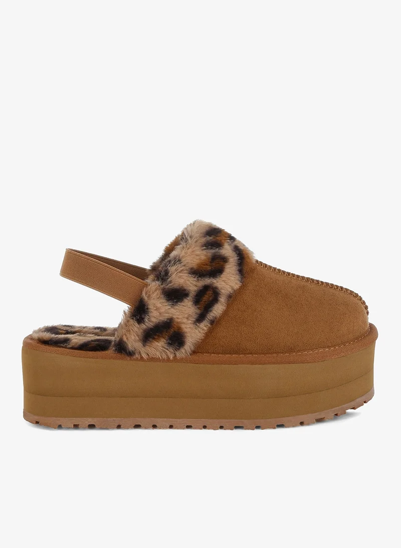 Leopard Faux Fur Platform Classic Slingback in Tan