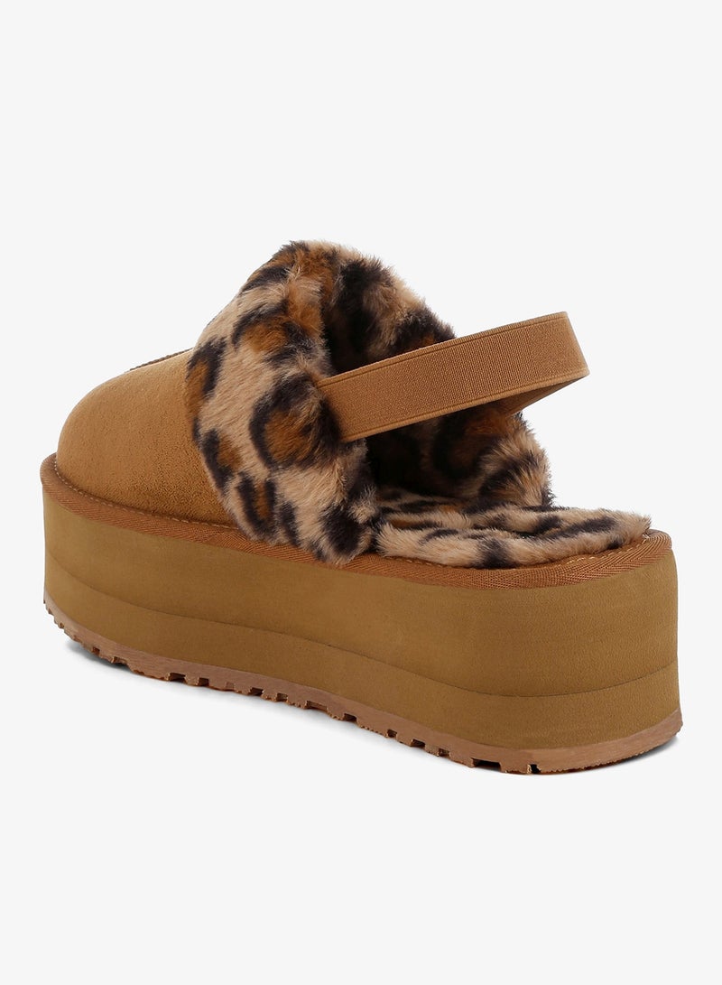 London Rag Leopard Faux Fur Platform Classic Slingback in Tan - Image 3