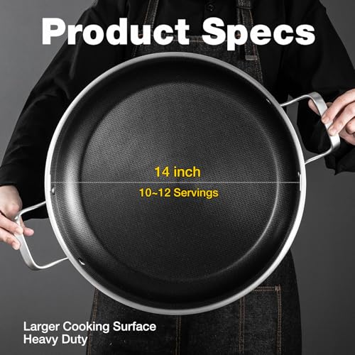 Yeksum Tri-Ply 14.5 Inch Stainless Steel Paella Pan,12 Servings Paella Pan with Lid,18/10 Nonstick Large Skillet,Jumbo Cooker,Induction Pan,Skillets,for Outdoors,Camping,Parties - Image 3