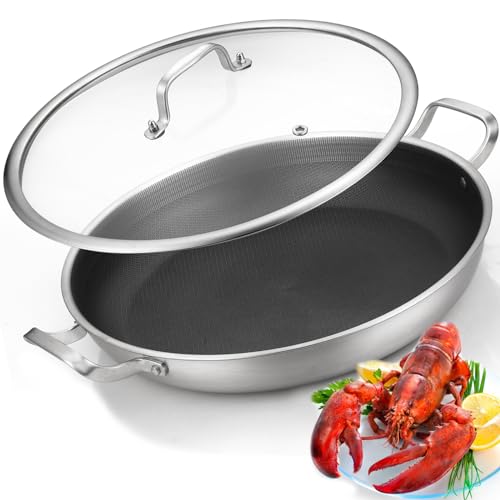 Yeksum Tri-Ply 14.5 Inch Stainless Steel Paella Pan,12 Servings Paella Pan with Lid,18/10 Nonstick Large Skillet,Jumbo Cooker,Induction Pan,Skillets,for Outdoors,Camping,Parties - Image 1