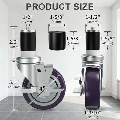 OK5STAR 4 inch Prep Table Casters Set of 4 for Commercial Kitchen Prep Tables, Expanding Stem Caster Wheels for Table Legs All with Brake Fit 1-1/2" and 1-5/8" Leg Tube Adapter Caster - Image 2