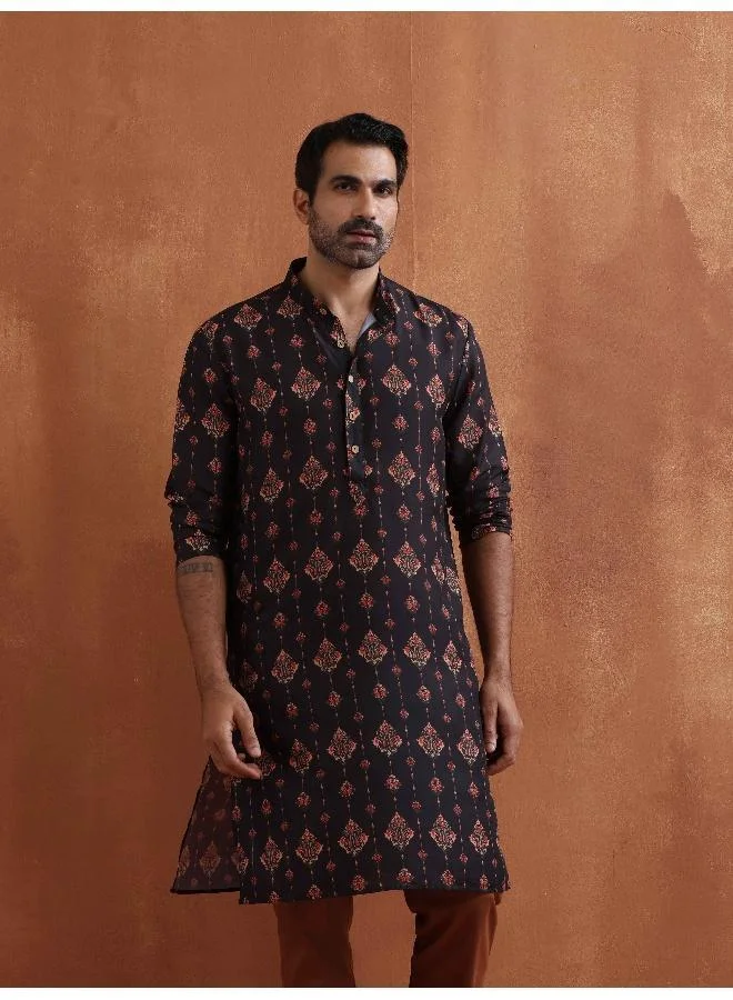 trueBrowns Men's Black Printed Kurta