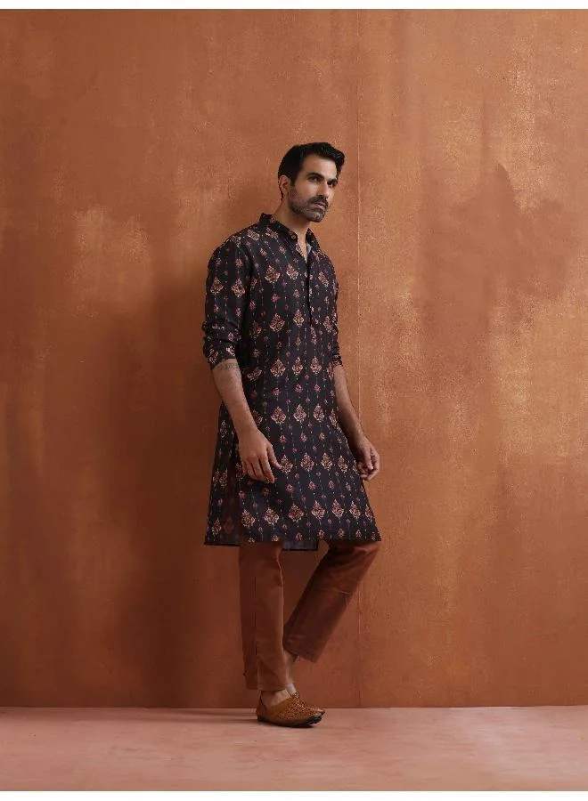 trueBrowns Men's Black Printed Kurta