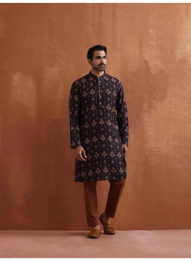 trueBrowns Men's Black Printed Kurta