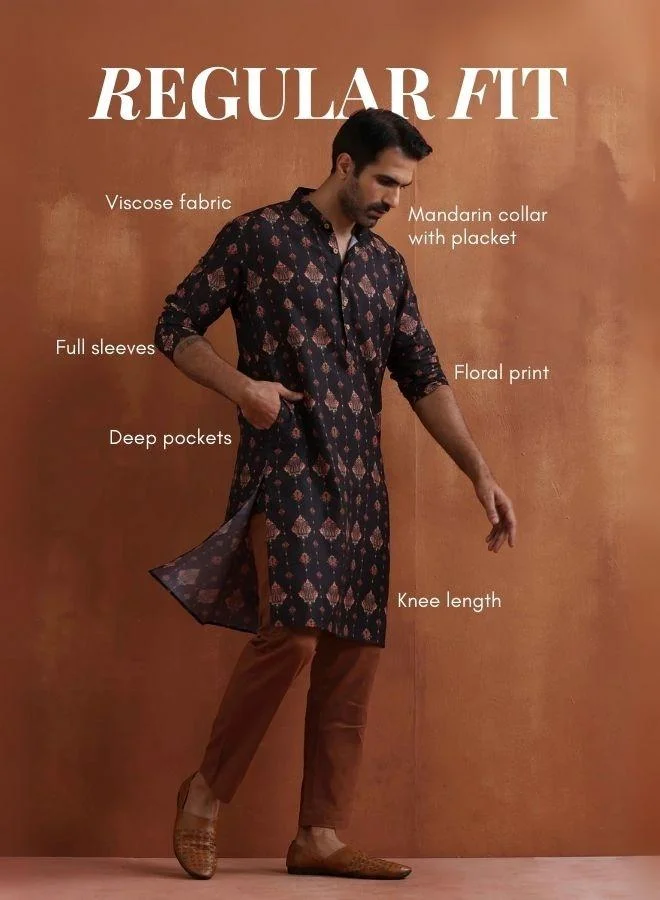 trueBrowns Men's Black Printed Kurta