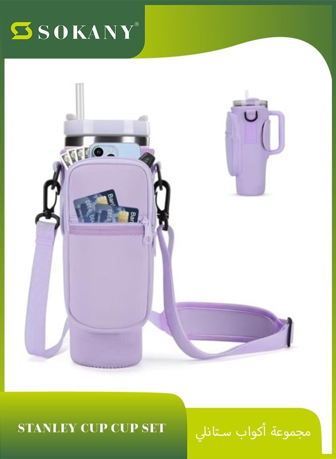 sokany Water Bottle Carrier Bag with Phone Pocket for 40oz Tumbler Water Bottle Holder Pouch with Adjustable Shoulder Strap and Carabiner Stanley Cup Accessories for Hiking Travelling Camping (Purple)  - Image 1