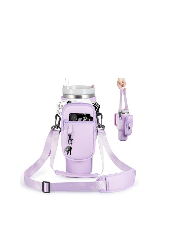 sokany Water Bottle Carrier Bag with Phone Pocket for Stanley 40oz Tumbler Water Bottle Holder Pouch with Adjustable Shoulder Strap and Carabiner Stanley Cup Accessories for Hiking Travelling Camping (Purple)  - Image 1