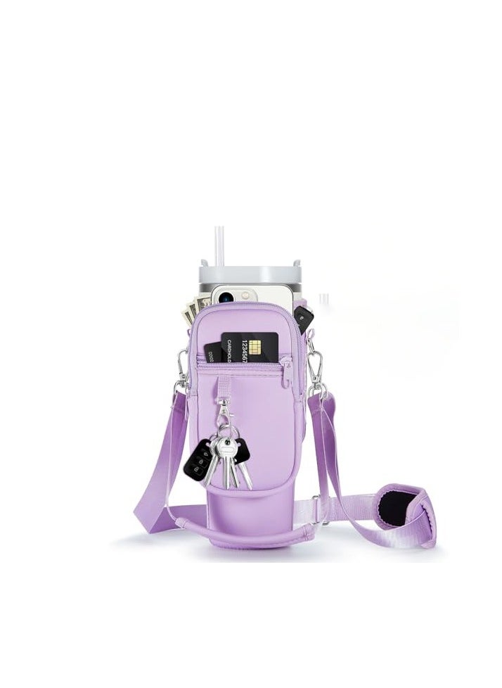 sokany Water Bottle Carrier Bag with Phone Pocket for Stanley 40oz Tumbler Water Bottle Holder Pouch with Adjustable Shoulder Strap and Carabiner Stanley Cup Accessories for Hiking Travelling Camping (Purple)  - Image 2