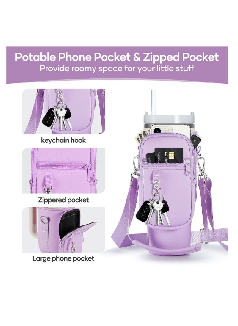 sokany Water Bottle Carrier Bag with Phone Pocket for Stanley 40oz Tumbler Water Bottle Holder Pouch with Adjustable Shoulder Strap and Carabiner Stanley Cup Accessories for Hiking Travelling Camping (Purple)  - Image 5