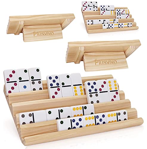 plusvivo Domino Racks with Stand Set of 4 Mexican Train Dominoes Set Trays Wooden Domino Holders for Mexican Train and Other Domino Games for Kids Adults Hobbies Indoor Activities Family Fun - Image 1