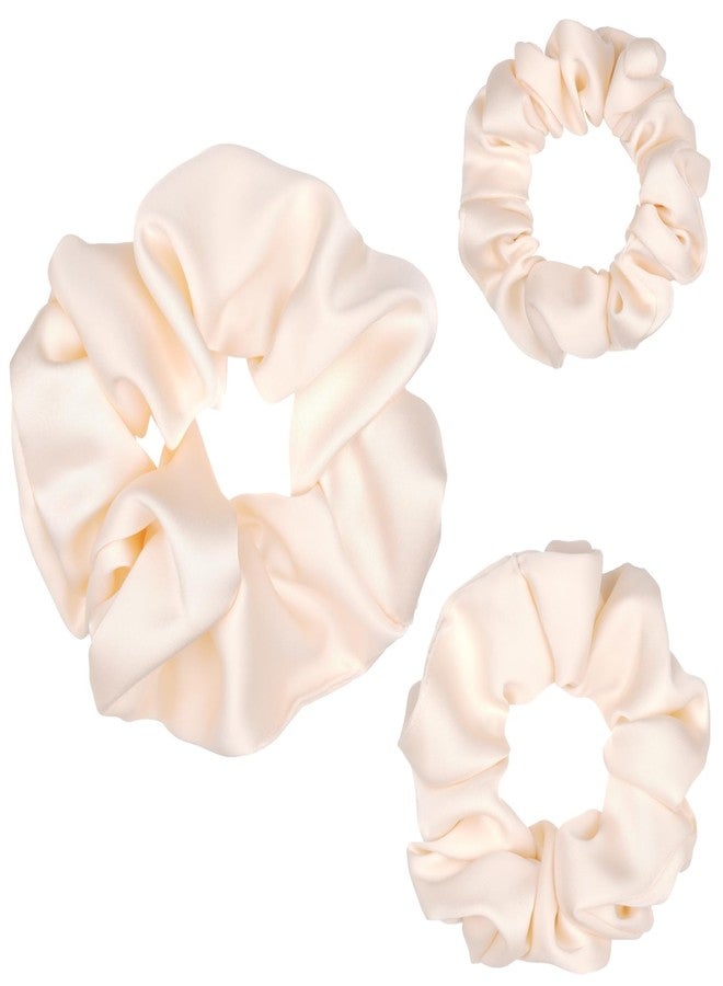 Wuliim Satin Hair Scrunchies White 3 Pcs in Different Size, Premium Quality Silk Like Hair Ties for Women, Softer than Silk, Sleep Band Ties for Hair Care No Damage (Khaki Beige)