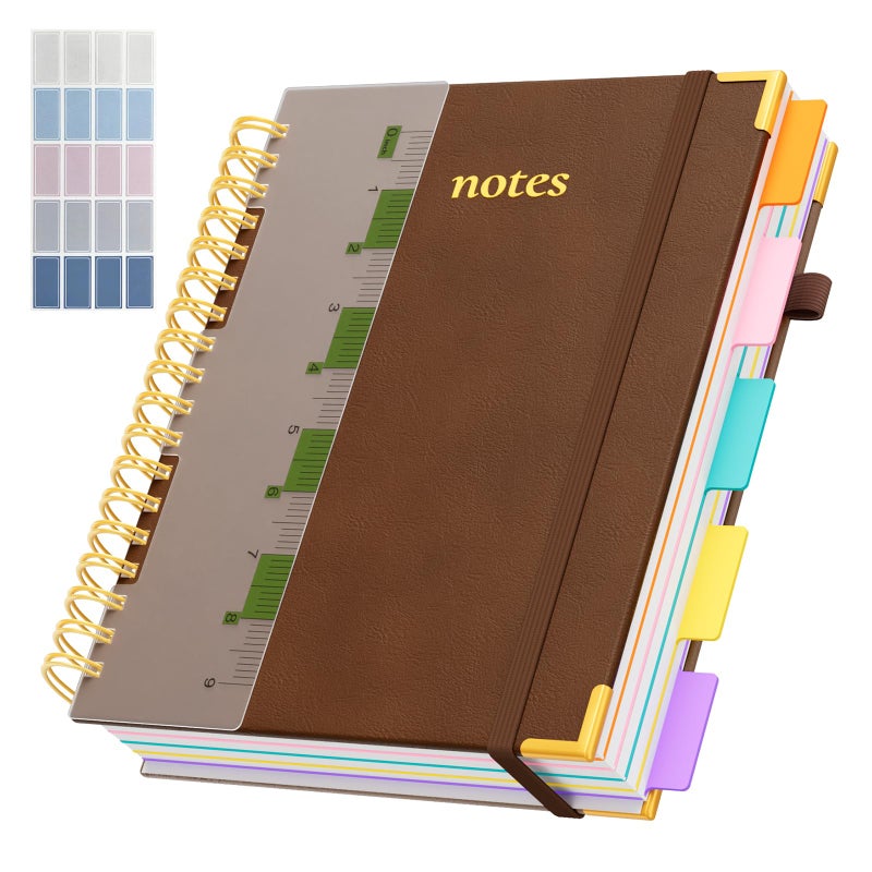 XYark Line Hardcover Spiral Notebook with Removable Dividers Tabs & Ruler, 5 Subject Notebook College Ruled, 300 Page, Large 8"x10" B5 Notebooks for Work School, Lined Journal for Women & Men, Brown - Image 1