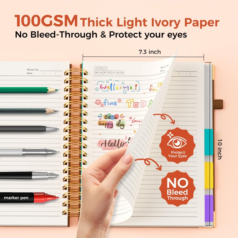 XYark Line Hardcover Spiral Notebook with Removable Dividers Tabs & Ruler, 5 Subject Notebook College Ruled, 300 Page, Large 8"x10" B5 Notebooks for Work School, Lined Journal for Women & Men, Brown - Image 4