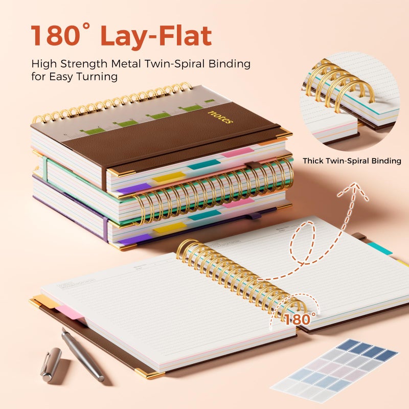 XYark Line Hardcover Spiral Notebook with Removable Dividers Tabs & Ruler, 5 Subject Notebook College Ruled, 300 Page, Large 8"x10" B5 Notebooks for Work School, Lined Journal for Women & Men, Brown - Image 3