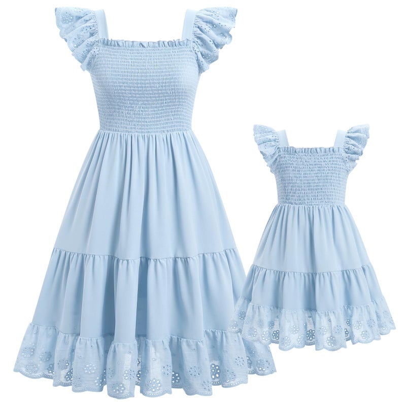 AWIBMK Mommy and Me Dress Boho Summer Casual Holiday Mother Daughter Matching Ruffle Sleeve A-line Tiered Smocked Dress Blue 2-3 Years - Image 1
