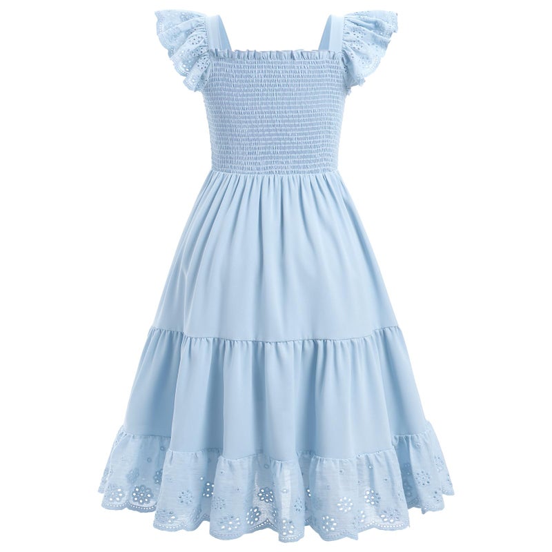 AWIBMK Mommy and Me Dress Boho Summer Casual Holiday Mother Daughter Matching Ruffle Sleeve A-line Tiered Smocked Dress Blue 2-3 Years - Image 4