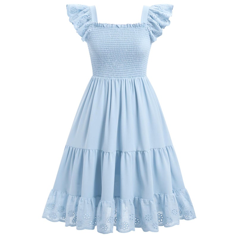 AWIBMK Mommy and Me Dress Boho Summer Casual Holiday Mother Daughter Matching Ruffle Sleeve A-line Tiered Smocked Dress Blue 2-3 Years - Image 3